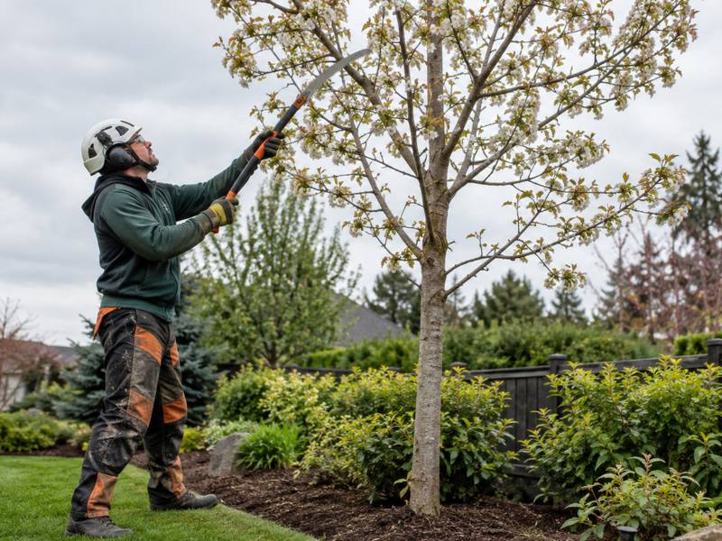 Arborist in a harness climbing a tree to trim its limbs