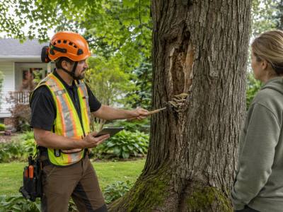 Crew member trimming branches in a leafy tree canopy