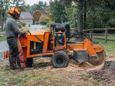 Stump grinding machine working on a freshly cut stump