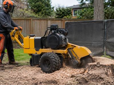 Wood chips around a stump being ground down in a yard