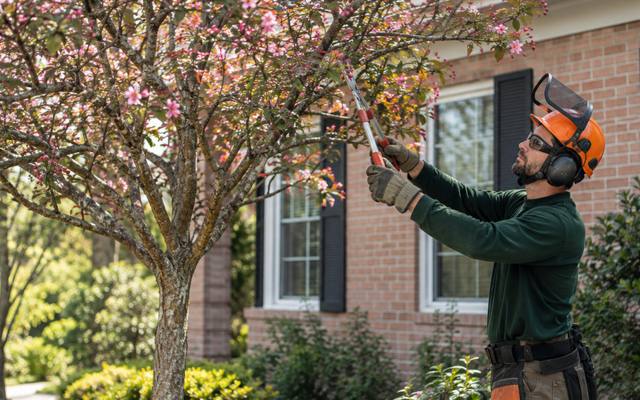 Arborist thinning the upper crown of a tall shade tree