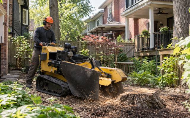 Stump grinder cutting a tree stump down below the lawn