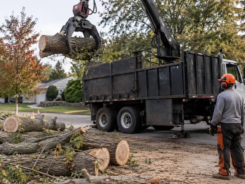 Tree removal underway with sections of trunk being taken down